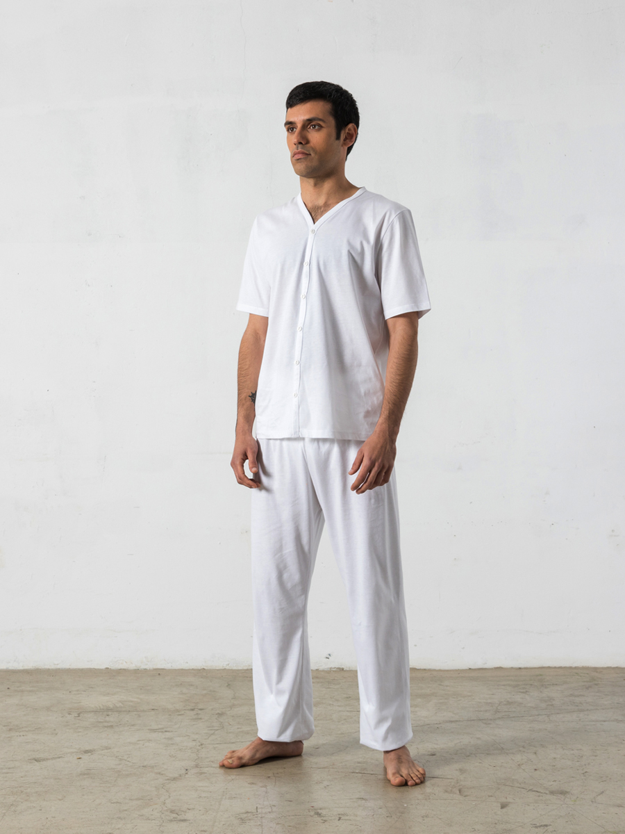Pijama largo de 2 piezas, manga corta, cuello pico - Oncohelp